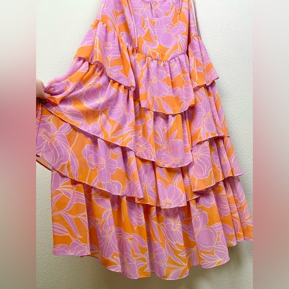 ASTR The Label Women's Large Aneira Dress Orange Purple Floral Maxi Ruffle Strap - Picture 13 of 16
